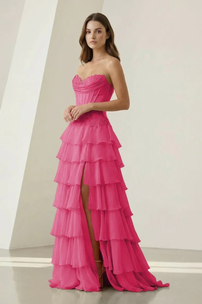 Jaleira | Pink - Sweetheart Chiffon Ruffled A Line Formal Prom Dresses With Appliques