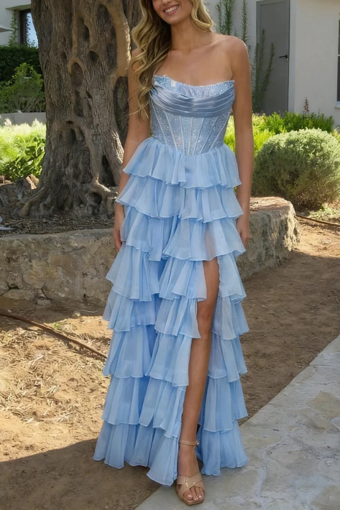 Hanya | Sky Blue - A Line Strapless Chiffon Beaded Corset Long Prom Dress With Slit