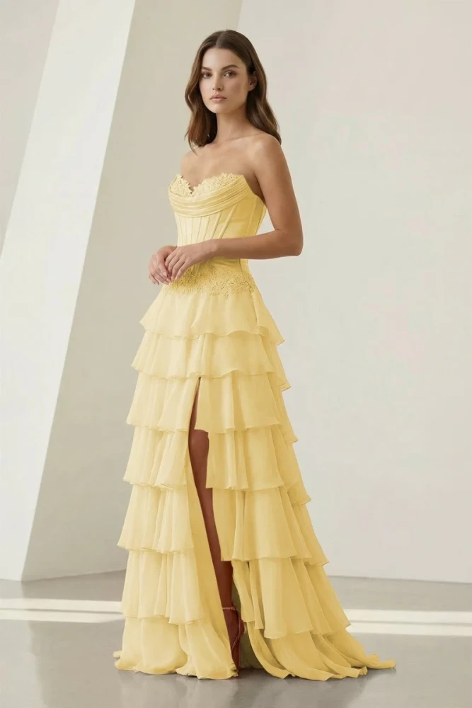 Jaleira | Pink - Sweetheart Chiffon Ruffled A Line Formal Prom Dresses With Appliques