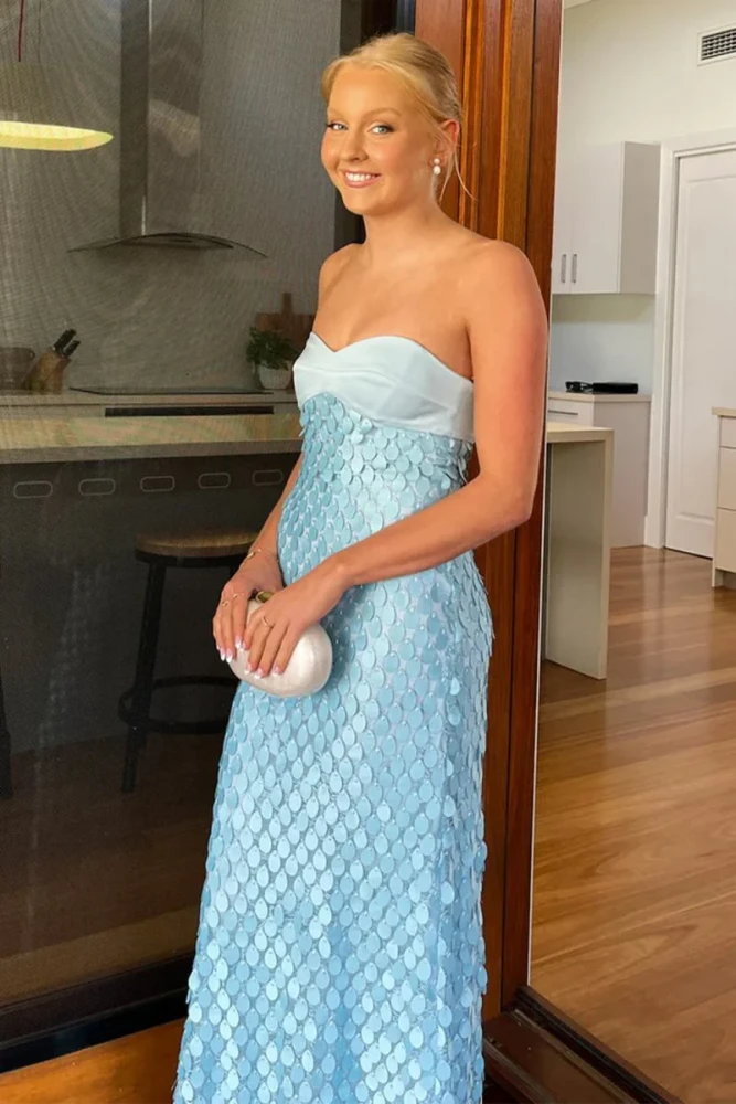 Islen | Blue - Sheath Strapless Long Prom Dresses with Sequins