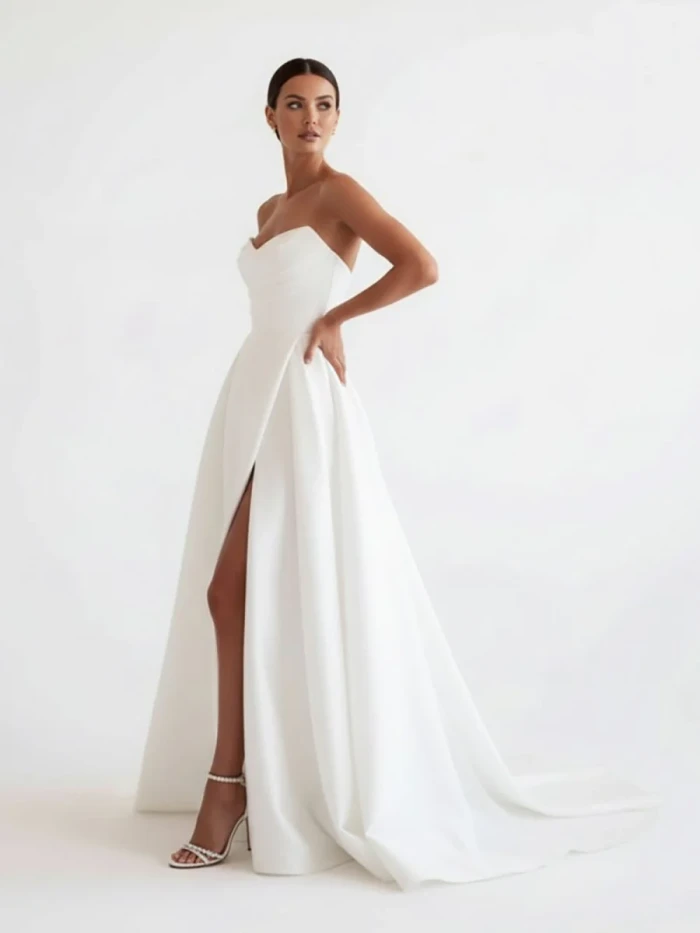 Janalee | A-Line White Sleeveless Satin Wedding Dress With Side Slit