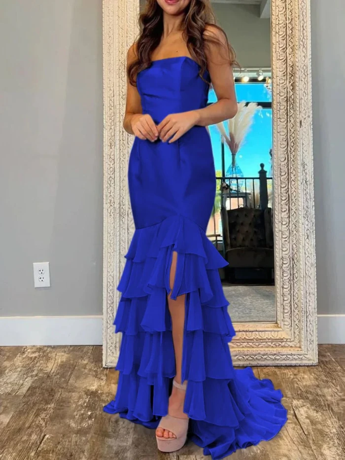Ida | Sky Blue Mermaid Strapless Prom Dresses With Split
