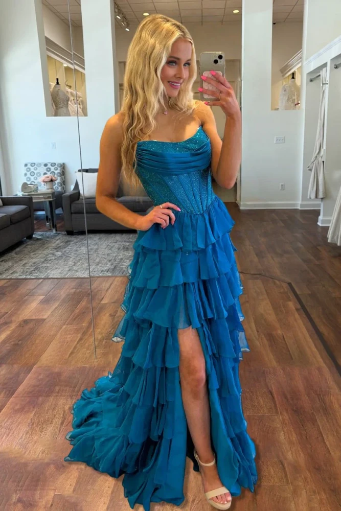 Hanya | Peacock - A Line Strapless Chiffon Beaded Corset Long Prom Dress With Slit