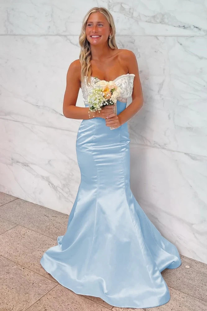 Gwenny | Pink - Mermaid Satin Strapless Long Prom Dresses with Beaded Bow