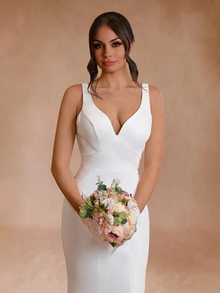 Ivory Plunge V Open Back Mermaid Long Wedding Dress