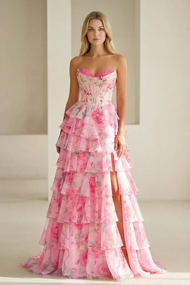 Haruko | A Line Floral Blush Tiered Chiffon Long Corset Prom Dress with Slit