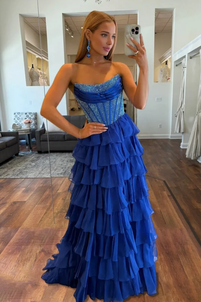 Hanya | Royal Blue - A Line Strapless Chiffon Beaded Corset Long Prom Dress With Slit