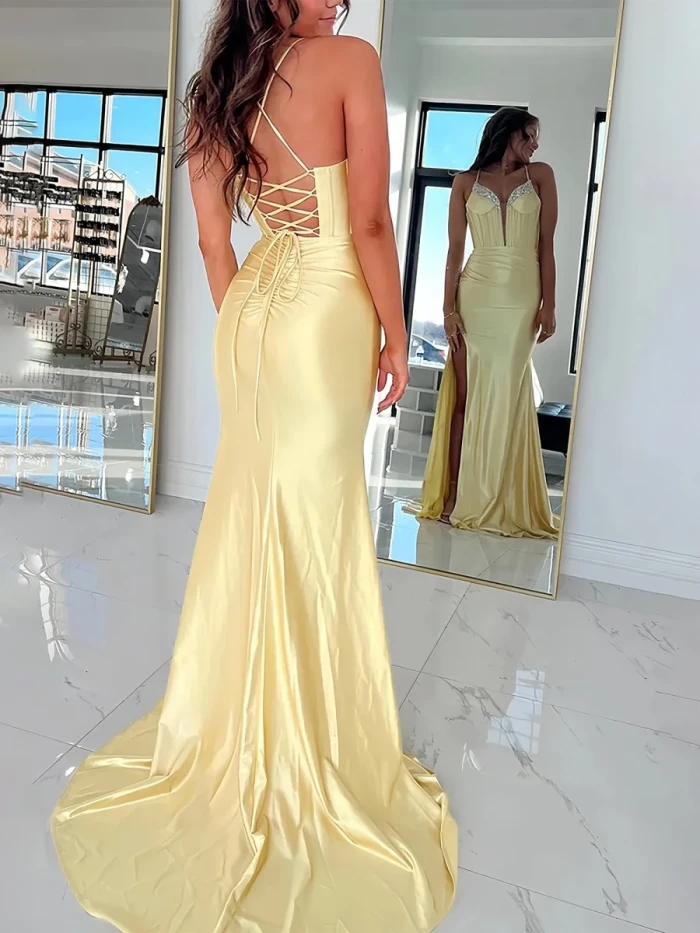 Ingris |  Fuchsia Mermaid V Neck Satin Long Prom Dresses with Beading
