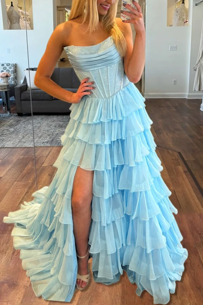 Hanya | Sky Blue - A Line Strapless Chiffon Beaded Corset Long Prom Dress With Slit