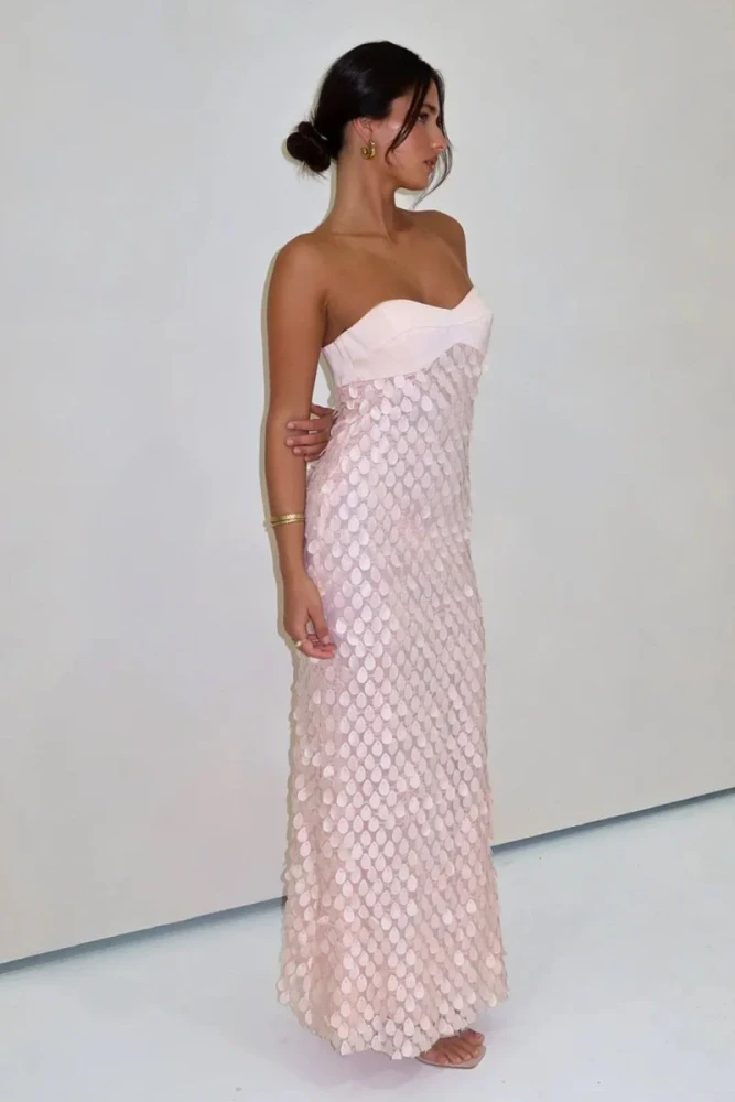 Islen | Pink - Sheath Strapless Long Prom Dresses with Sequins