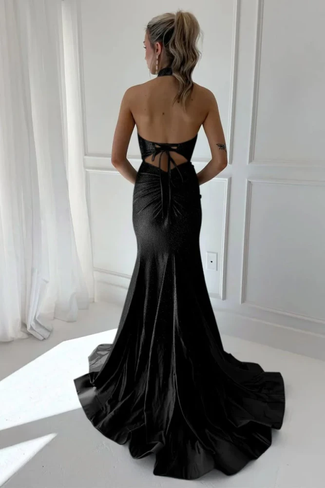 Harlin | Sky Blue - Halter Mermaid Satin Beaded Long Formal Prom Dresses With Slit