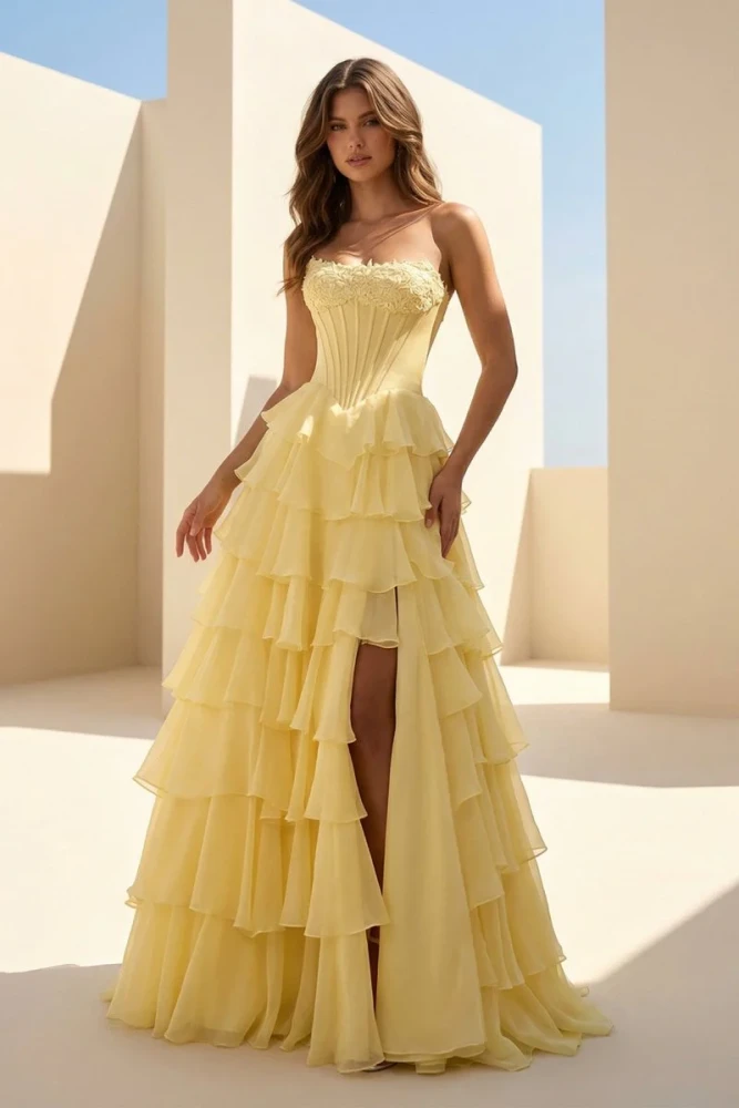 Haliah | Pink - Strapless A Line Chiffon Tiered Prom Dresses With Appliques