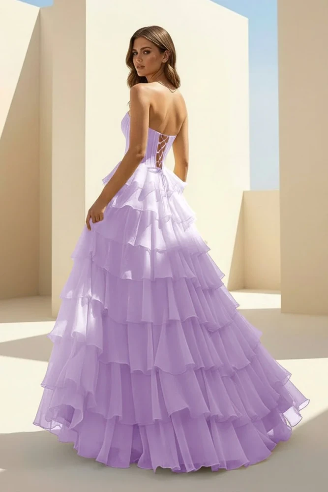 Haliah | Pink - Strapless A Line Chiffon Tiered Prom Dresses With Appliques