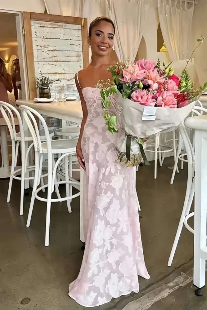 Imre | Pink - Sheath Satin Floral Spaghetti Straps Long Prom Dresses