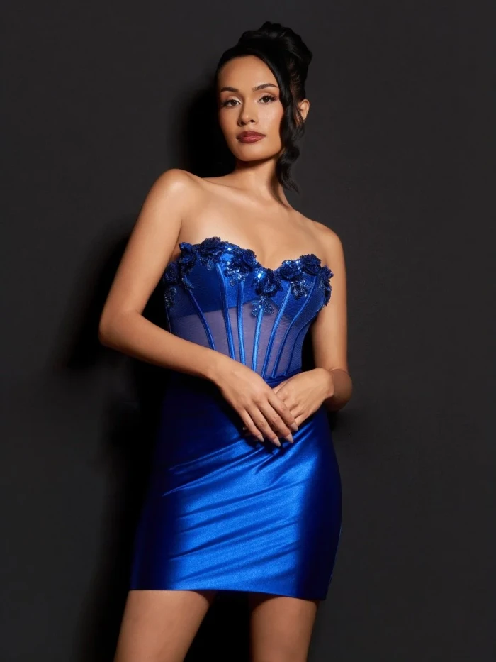 Indie | Royal Blue - Bodycon Sequined Flowers Corset Sweetheart Homecoming Dress