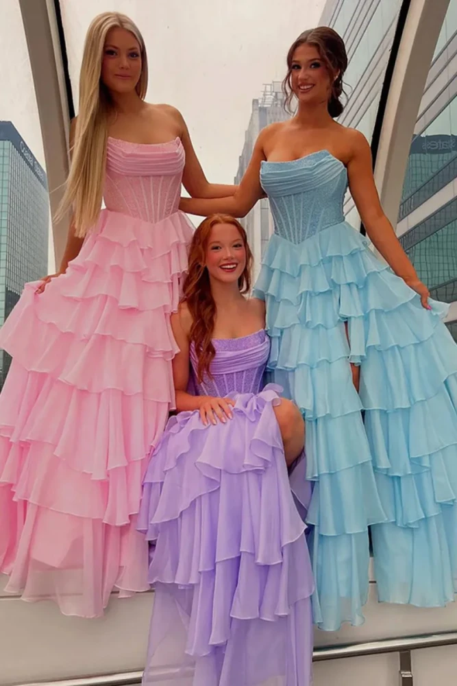 Hanya | Lavender - A Line Strapless Chiffon Beaded Corset Long Prom Dress With Slit