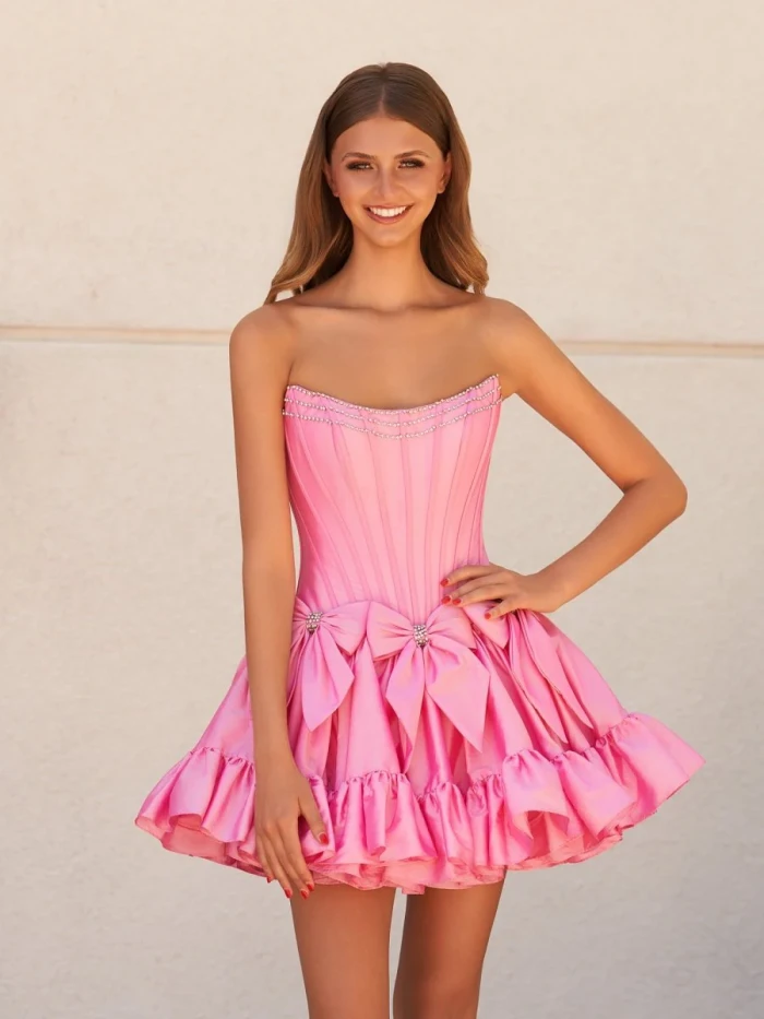 Jamila | Strapless Black Beaded Short Homecoming Dress with Bow