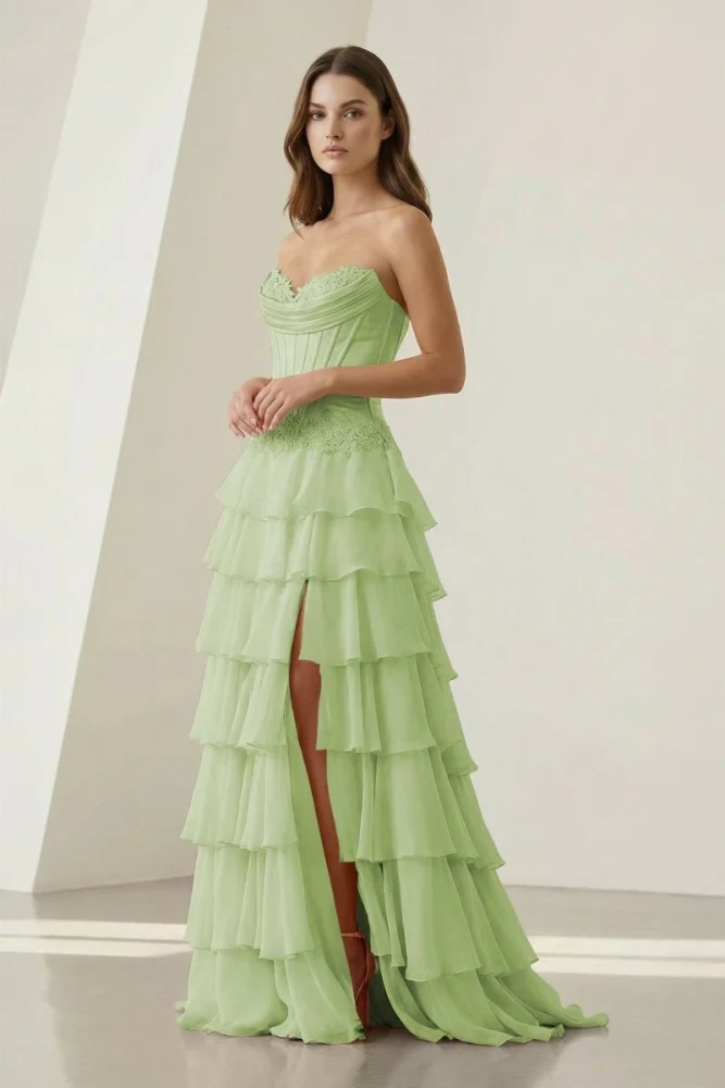 Jaleira | Pink - Sweetheart Chiffon Ruffled A Line Formal Prom Dresses With Appliques