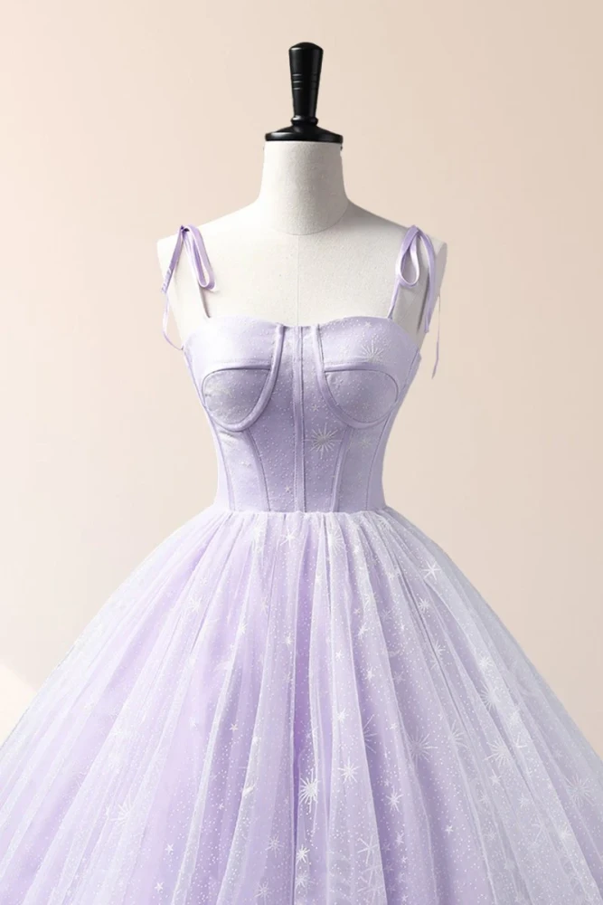 Janelle | Lavender Tulle Straps Floor Length Evening Dress, Lavender A-Line Prom Dress