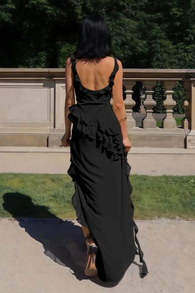 Hopkins | Red - Square Neck Sheath Satin Ruffled Prom Dresses With Slit