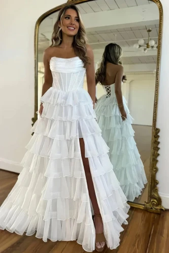 Hanya | White - A Line Strapless Chiffon Beaded Corset Long Prom Dress With Slit