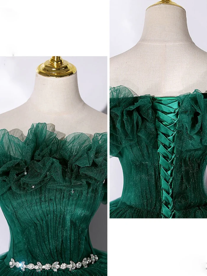 Green Off Shoulder Tulle Long Quinceanera Dresses