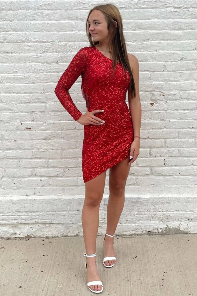 Italee | Fuchsia Bodycon One Shoulder Tassel Back Mini Party Dresses