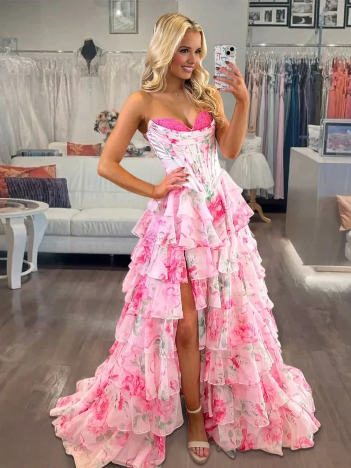 Haruko | A-Line Blush Strapless Chiffon Floral Ruffled Prom Dress With Slit