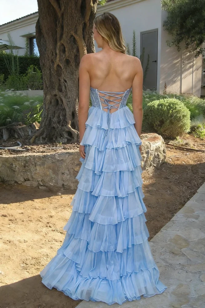 Hanya | Sky Blue - A Line Strapless Chiffon Beaded Corset Long Prom Dress With Slit