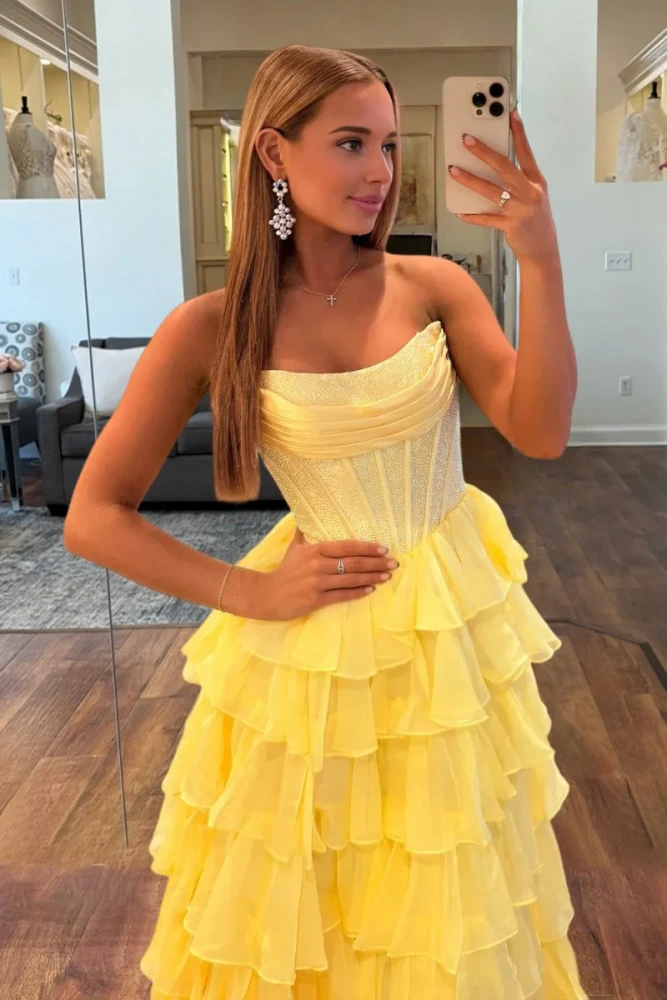 Hanya | Yellow - A Line Strapless Chiffon Beaded Corset Long Prom Dress With Slit