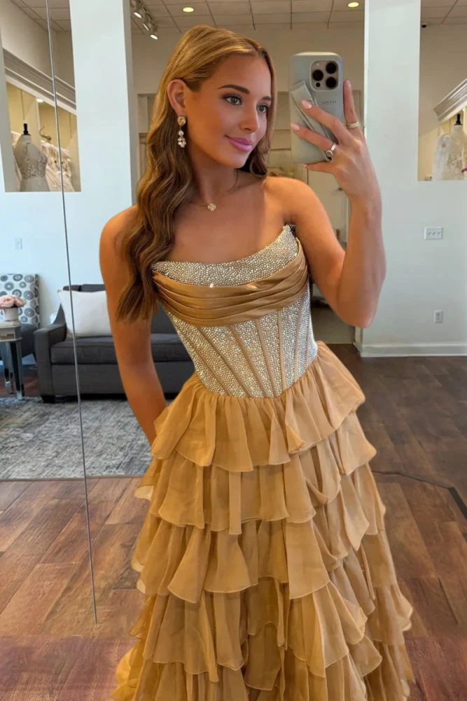 Hanya | Gold - A Line Strapless Chiffon Beaded Corset Long Prom Dress With Slit