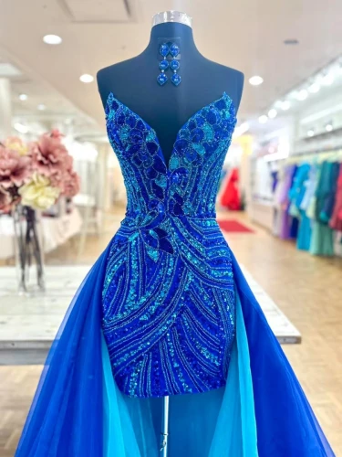 Ines | Royal Blue - Sheath V Neck Sequined Mini Party Dresses with Train