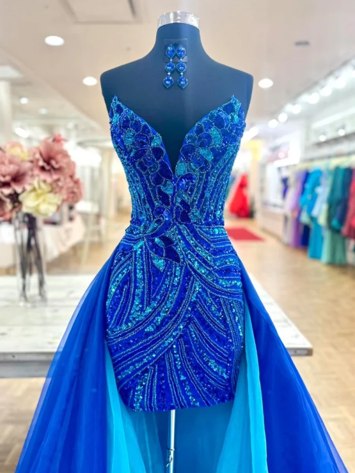 Ines | Royal Blue - Sheath V Neck Sequined Mini Party Dresses with Train