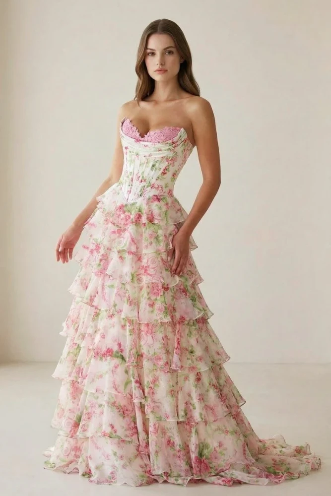 Haruko | A Line Floral Blush Tiered Chiffon Long Corset Prom Dress with Slit
