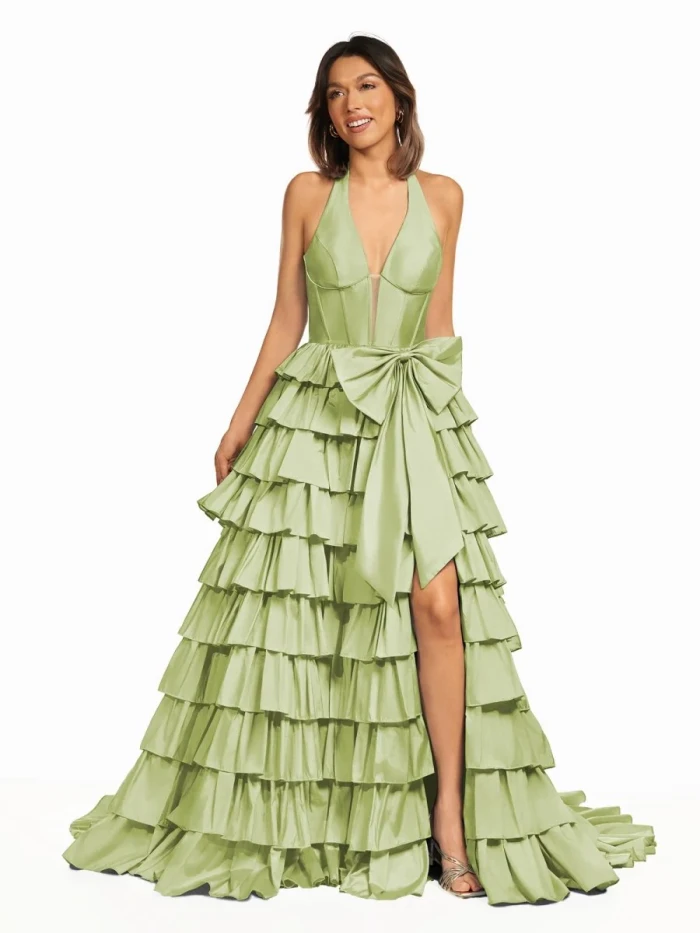 Iridium | Halter A-Line Blue Satin Long Ruffled Prom Dress With Slit