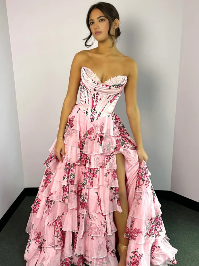 Haruko | A-Line Blush Strapless Chiffon Floral Ruffled Prom Dress With Slit