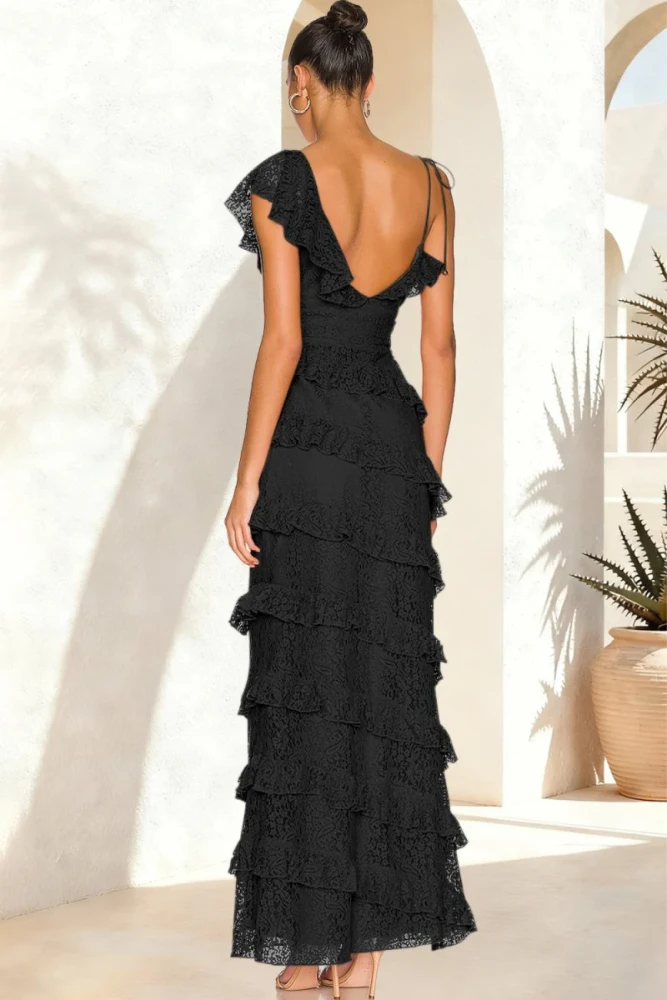 Iverie | Red Sheath V Neck Lace Long Prom Dresses With Ruffles