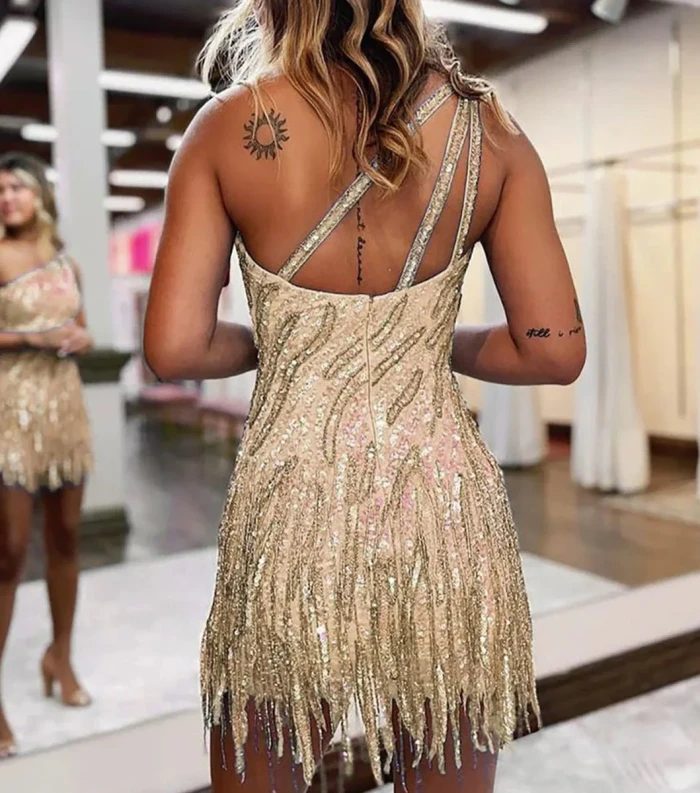 Isenia | Sparkly Blue One Shoulder Sequins Mini Party Dresses with Fringes