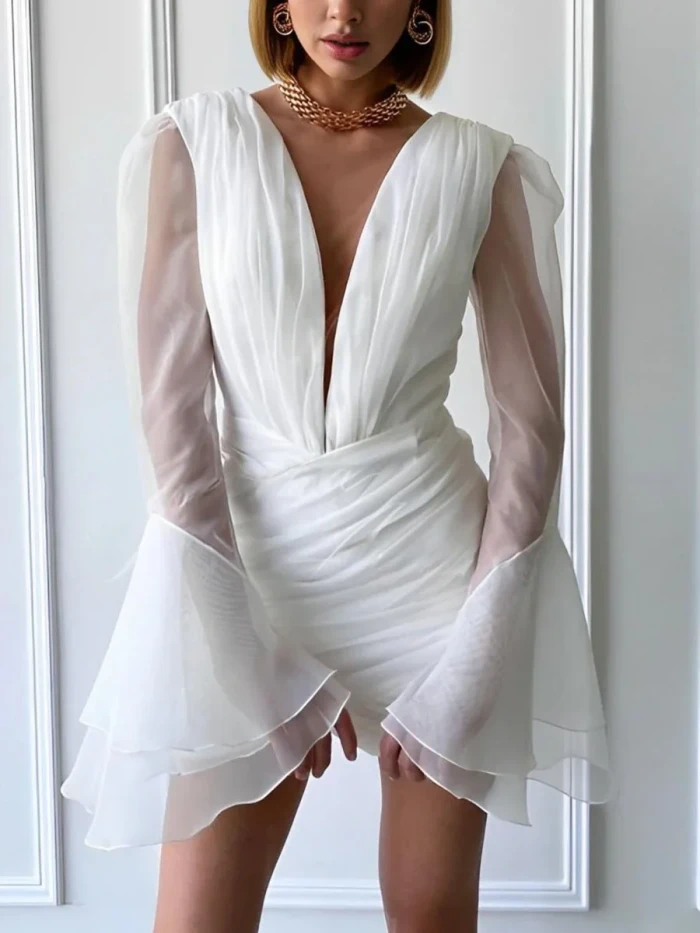 Herne | Sheath V-Neck Long Sleeves Short Mini Tulle Little White Wedding Dresses