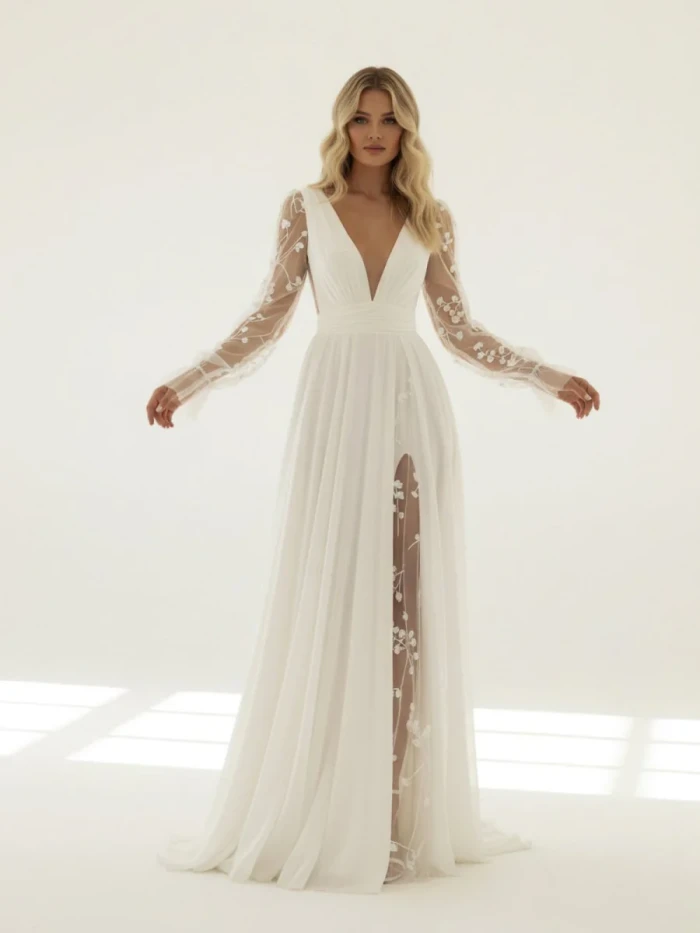 Herneith | Long Sleeve Boho Flowy Wedding Dress Lace A-Line V-Neck Beach Gown with Split Front and Sweep Train