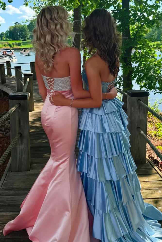 Gwenny | Pink - Mermaid Satin Strapless Long Prom Dresses with Beaded Bow
