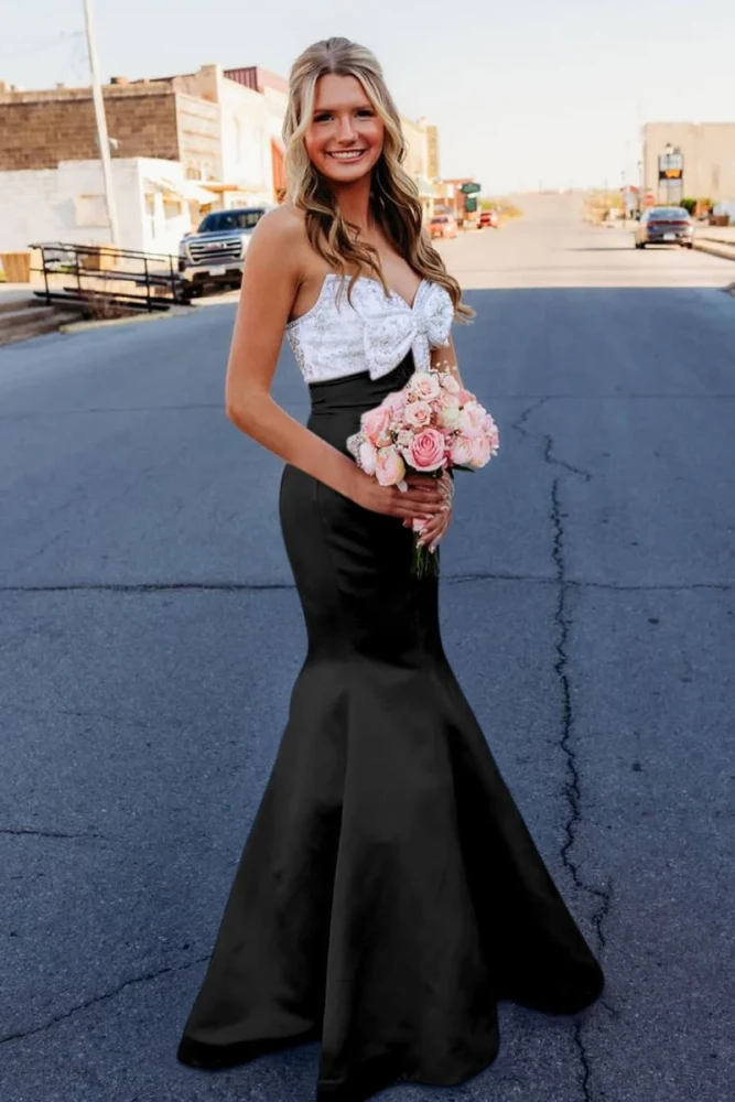 Gwenny | Pink - Mermaid Satin Strapless Long Prom Dresses with Beaded Bow