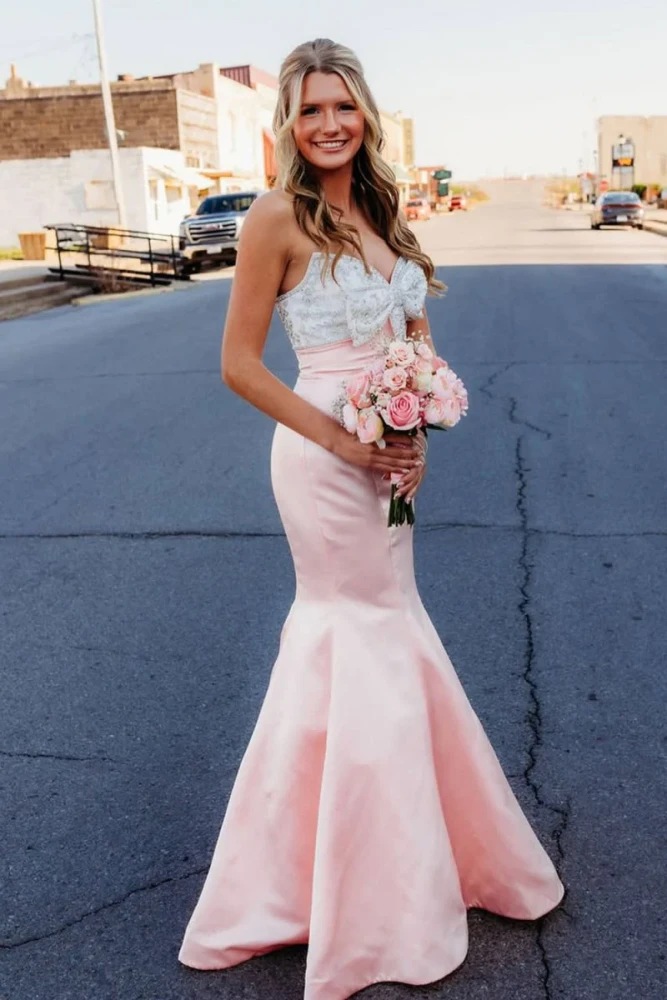 Gwenny | Pink - Mermaid Satin Strapless Long Prom Dresses with Beaded Bow