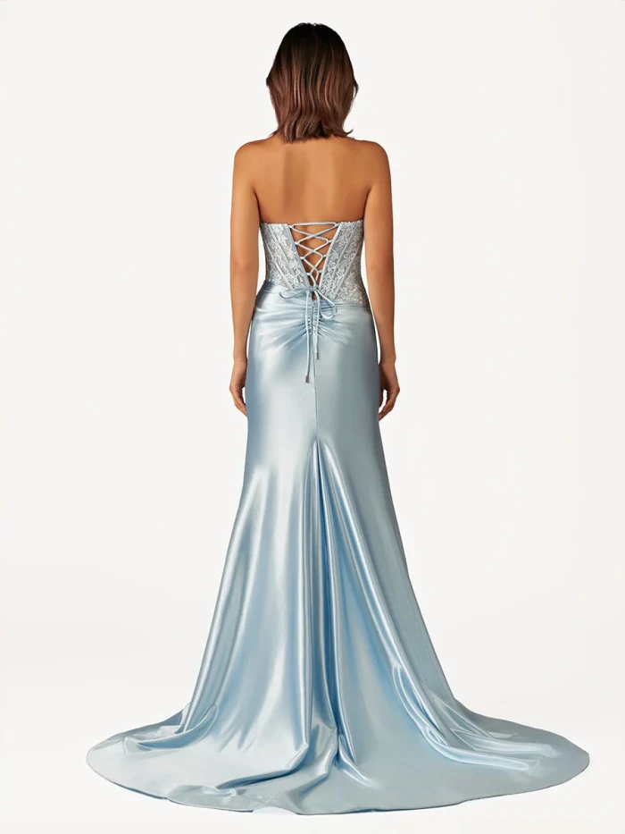 Idra | Emerald Green Beaded Strapless Applique Formal Dress with Slit