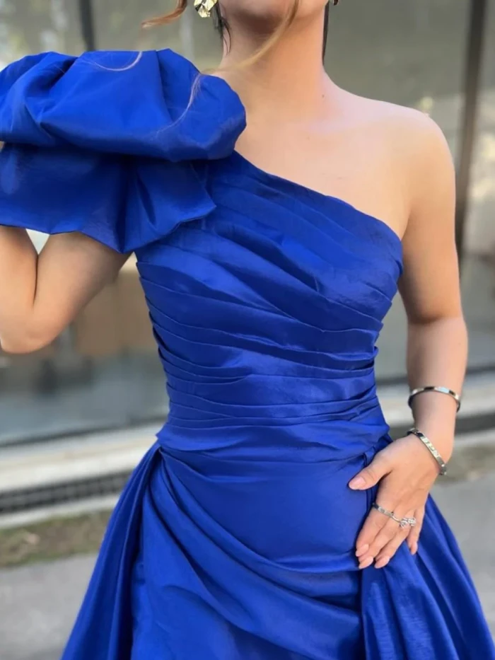 Halifax | A-Line One Shoulder Pleated Satin Long Prom Dress with Bow