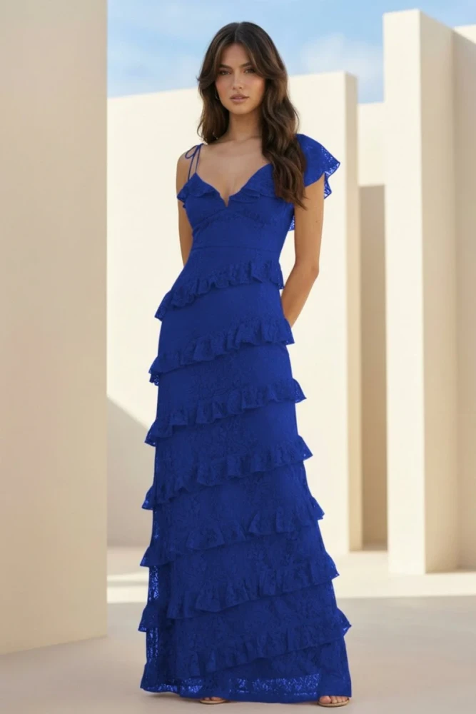 Iverie | Red Sheath V Neck Lace Long Prom Dresses With Ruffles