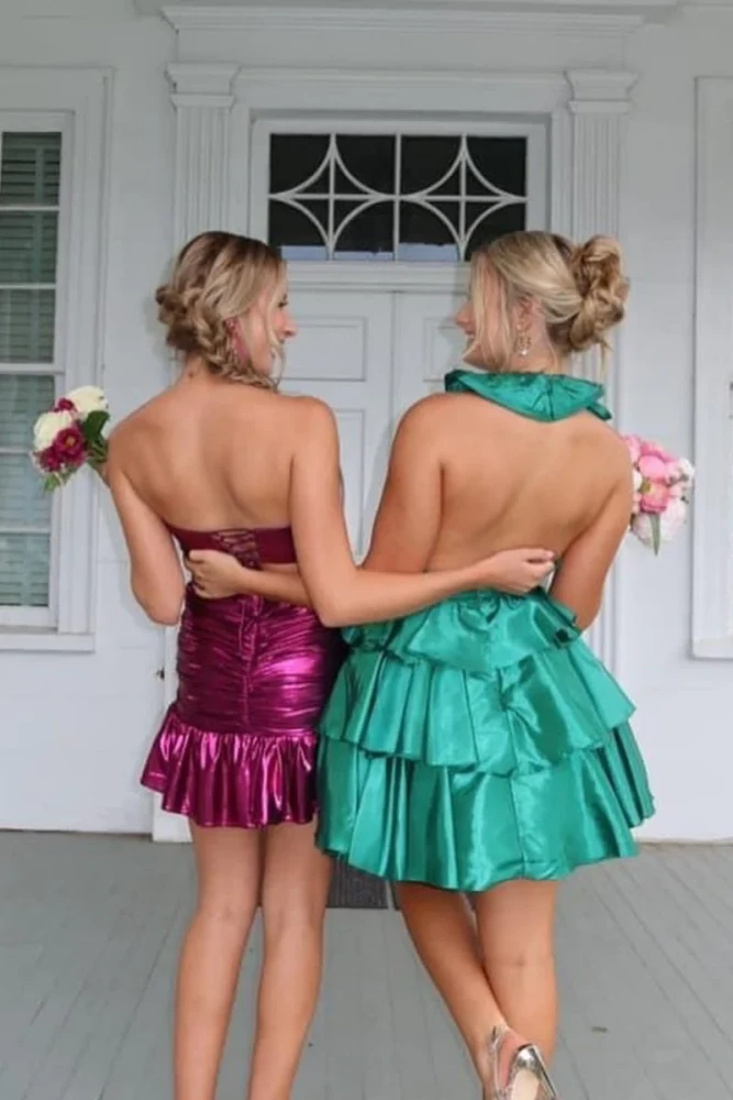 Jacinth | Magenta- Sheath Strapless Metallic Ruffles Pleated Short Homecoming Dress