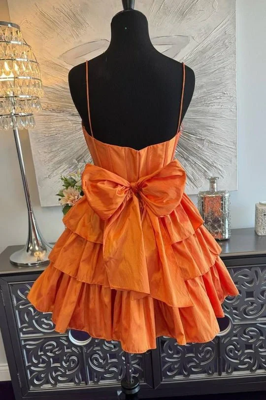 Ivilia | Black Spaghetti Straps Satin A-Line Ruffled Short Corset Homecoming Dress with Bow