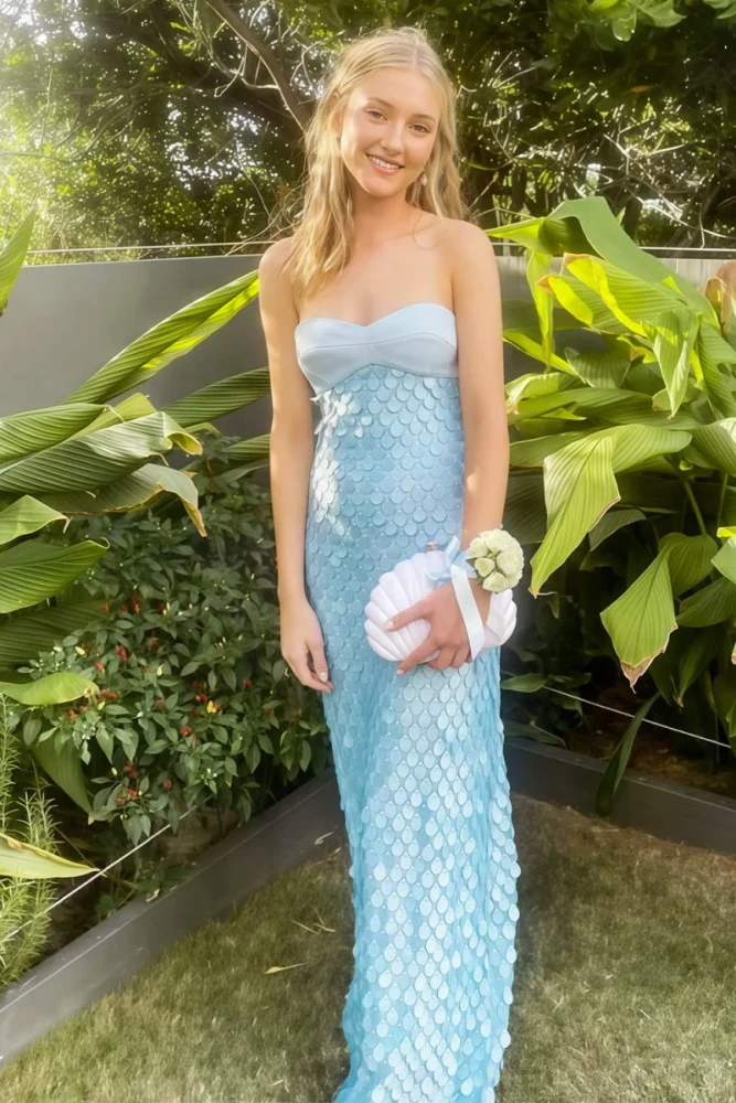 Islen | Blue - Sheath Strapless Long Prom Dresses with Sequins