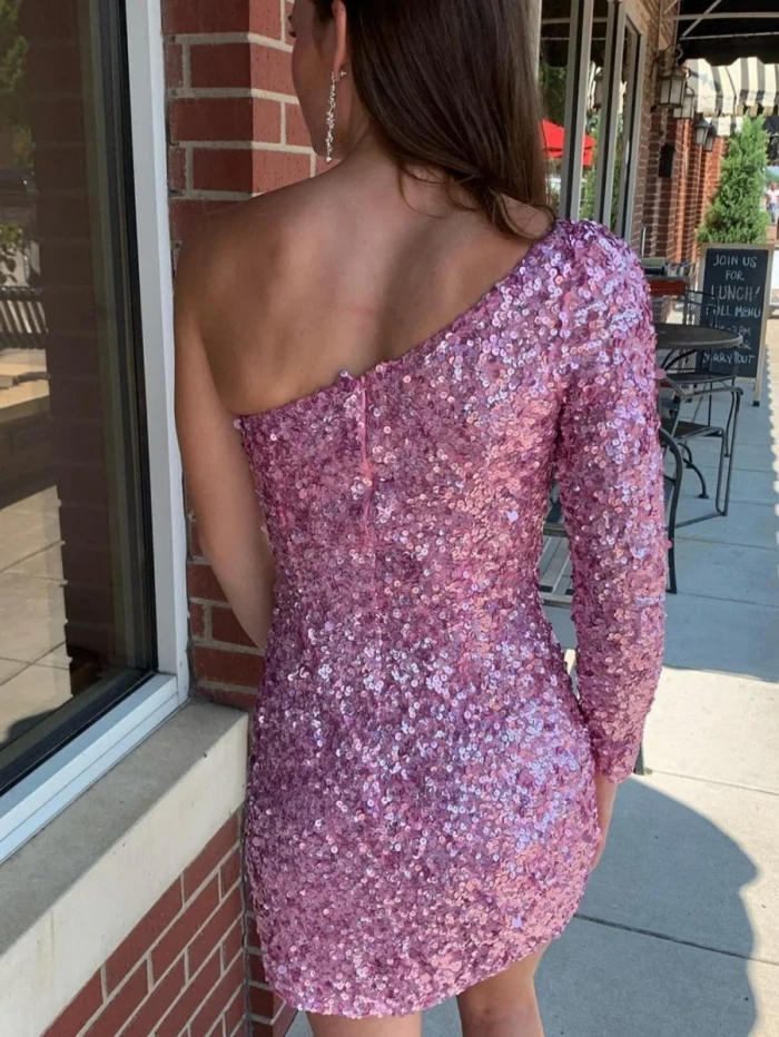 Gwendolyn | Black Bodycon One-Shoulder Sequins Mini Party Dresses